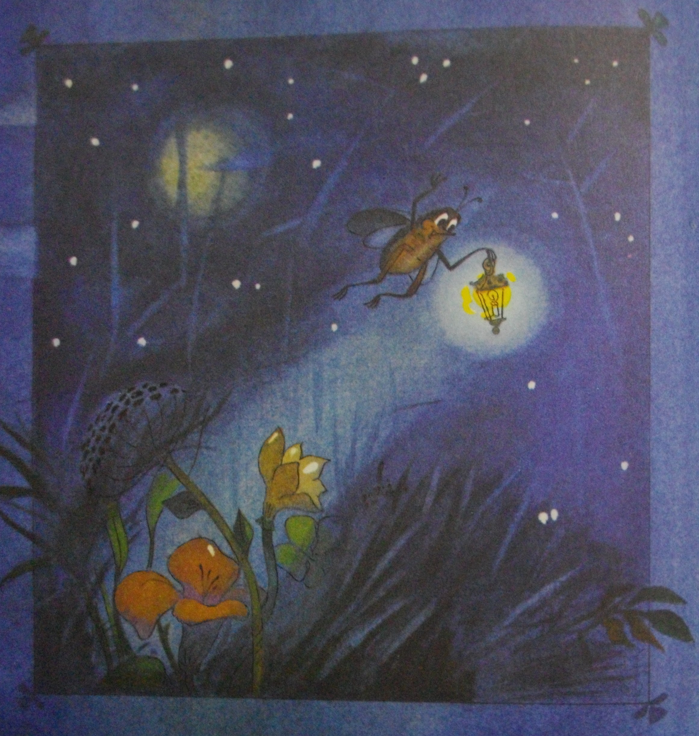 Світлячок зі своїм блакитним ліхтариком літає над травою і шукає друга